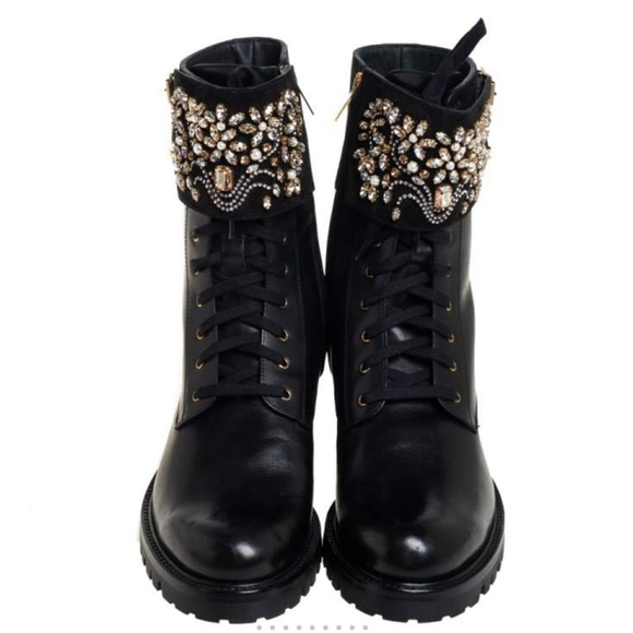 Rene Caovilla Shoes - Rare Rene Caovilla Black Crystal Embellished Suede Combat Boots Size 38.5